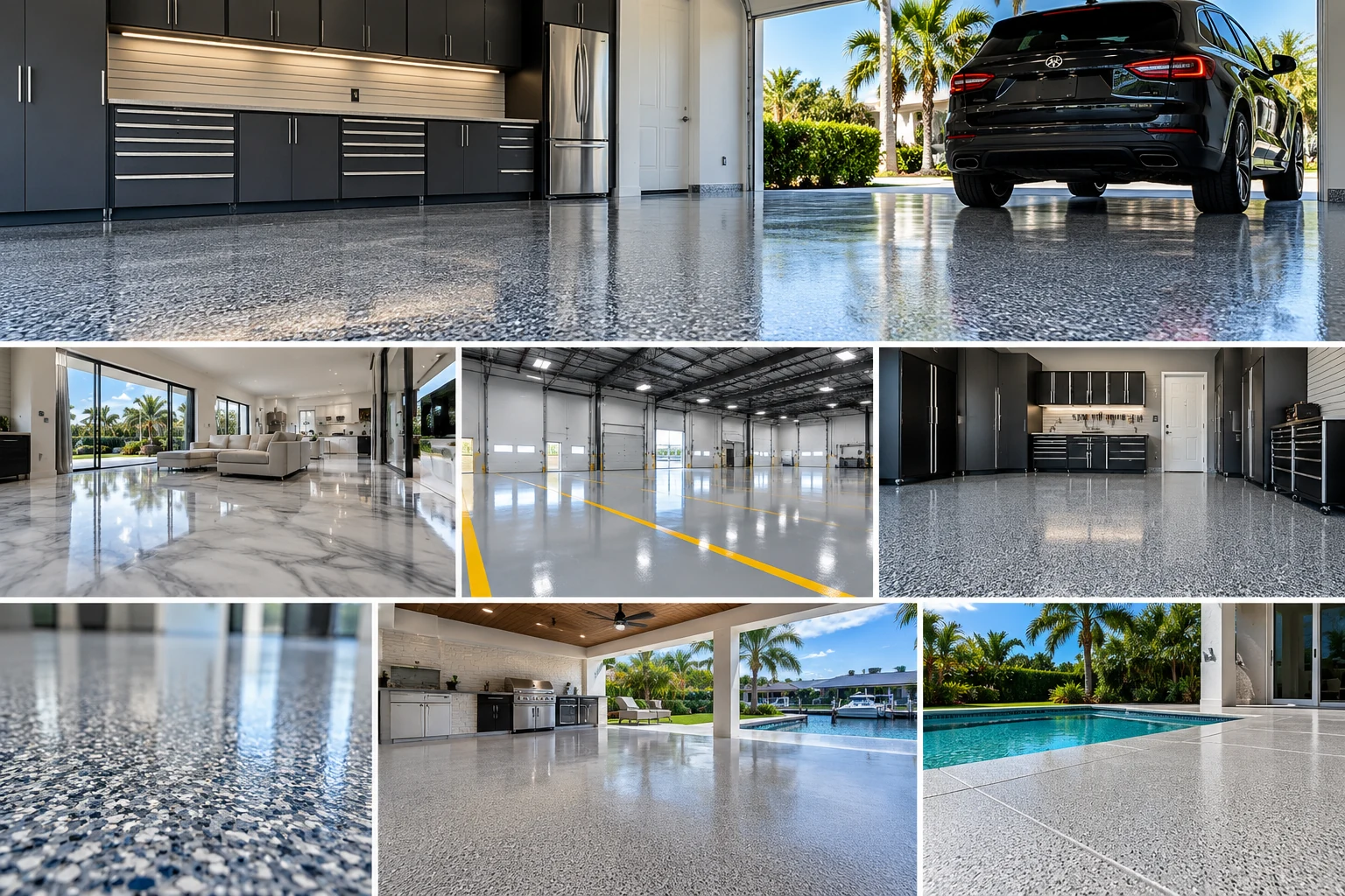 Gallery of epoxy floor finishes in garages, patios and showrooms