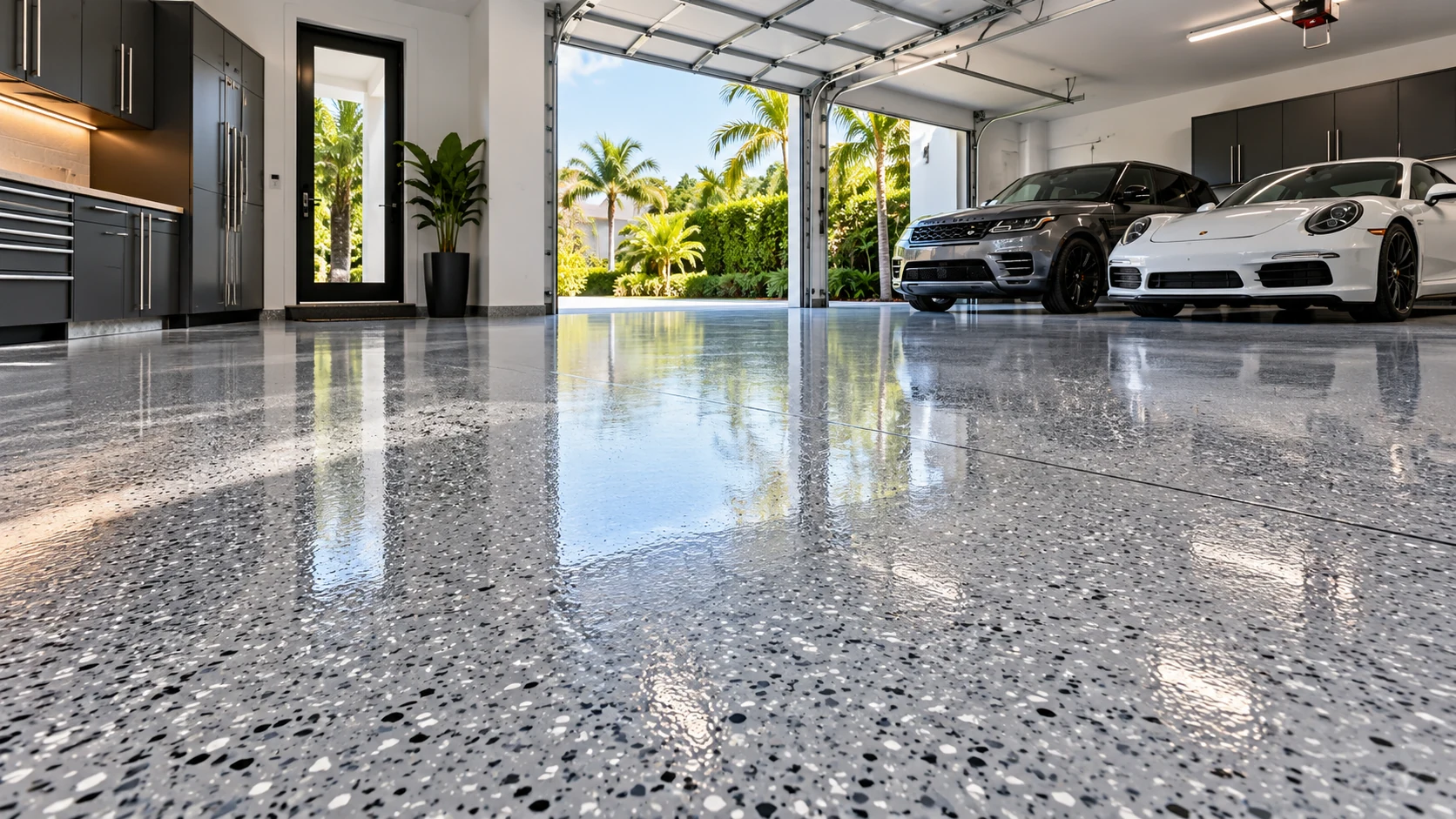 Glossy flake epoxy garage floor with parked cars