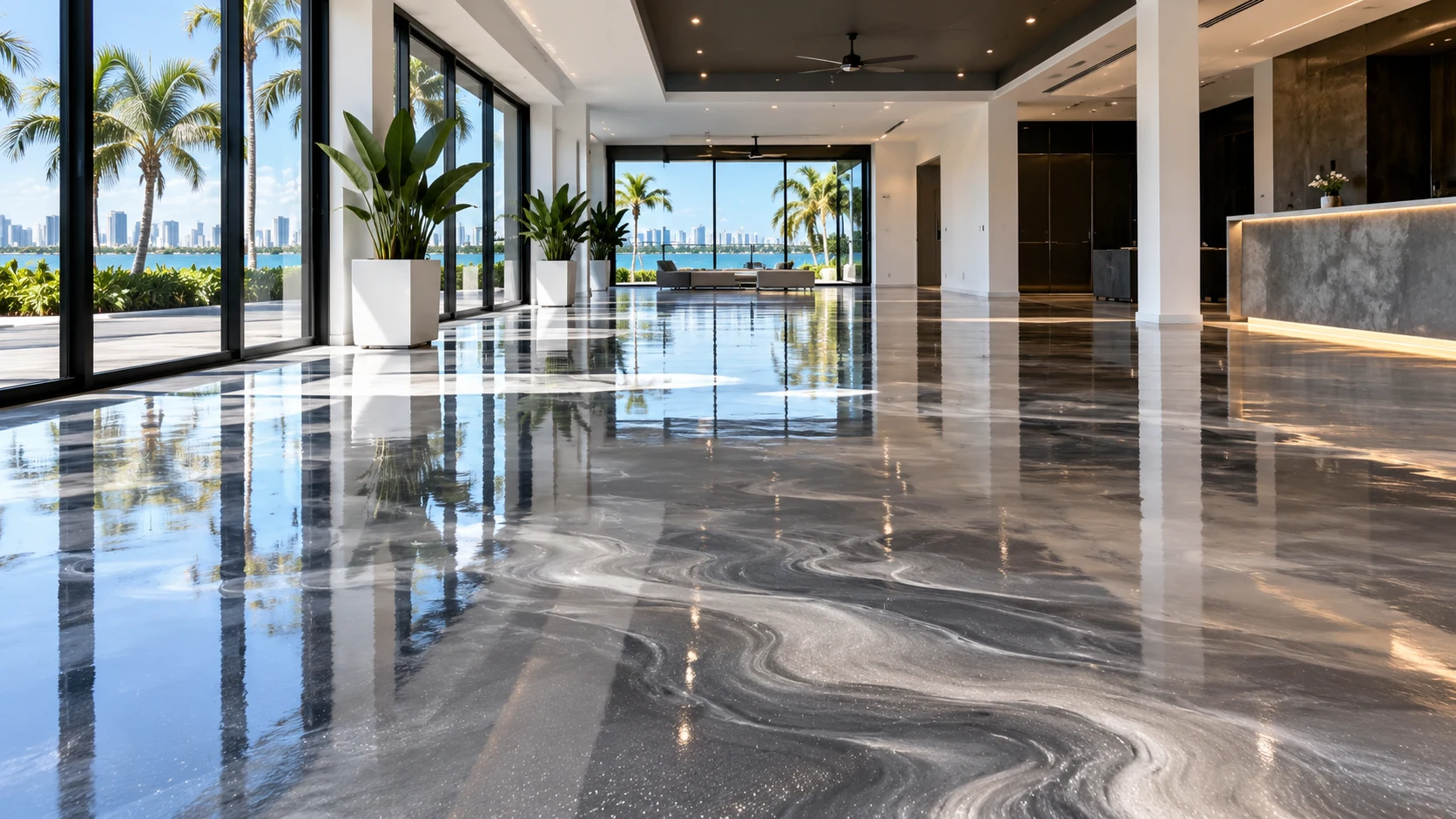 High-gloss metallic epoxy floor in a modern interior