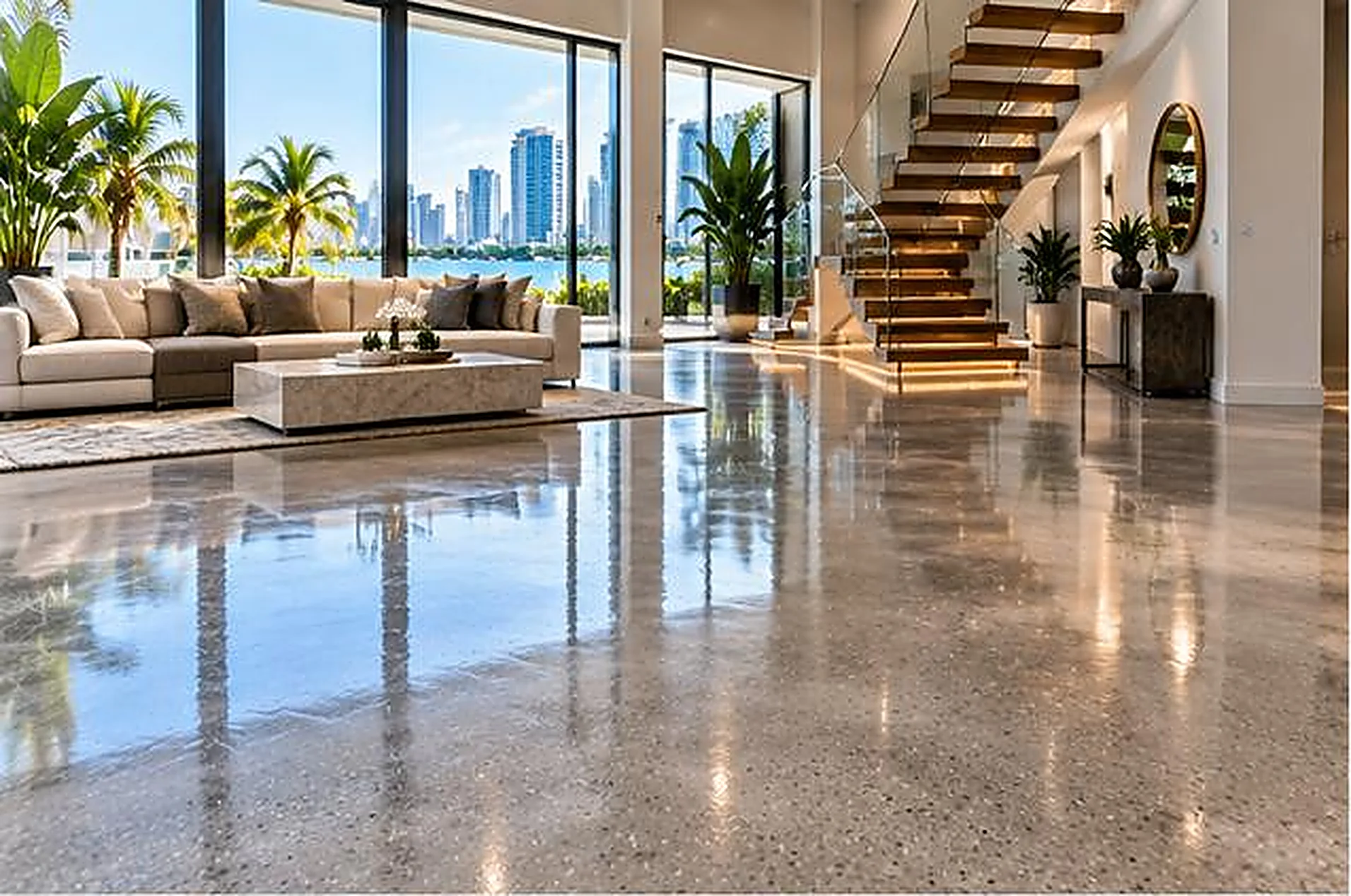 Bright living room with polished concrete floor