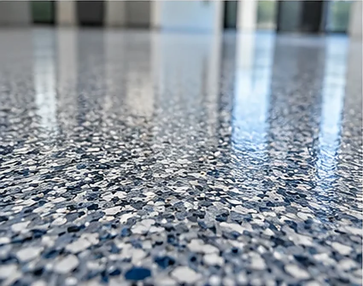 Close-up of decorative vinyl flake epoxy coating